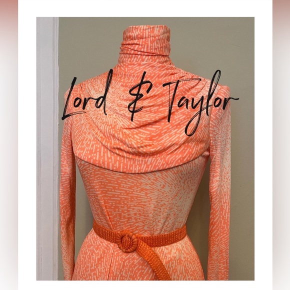 lord and taylor orange dresses Vintage Lord & Taylor Orange Cowl-neck Burst Print Evening Gown Dress